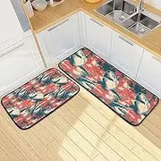 White Fish Red Kitchen Mats for Floor, 2 Piece, Funny Cute Washable Non-Slip Kitchen Rugs Set for Home & Office, Sink, Laundry, 19.7” x 27.6” + 19.7” + 47.2”