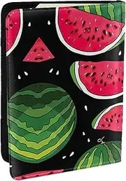 [EdWal] Watermelon Print Passport Cover with Credit Card Holder Leather Passport Case, for Women Men Family ID Travel, Black, One Size