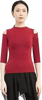 [Angcoco] Women's Mock Neck Cold Shoulder Cutout Stretch Modal Top Shirt for Dance