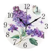 Wall Clock Silent 9.5 Inch Battery Operated Non Butterfly Purple Flowers