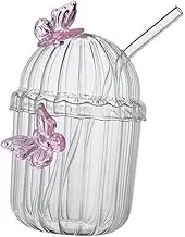 OKUMEYR 1Set Butterfly Glass Drink Cup with Lid and Straw Cute Transparent Can Shaped Water Glass for Tea Milk and Beverages Multi Use for Home and Outdoor