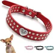 Rhinestone Dog Collar for Small Dogs, Heart Bling Diamond Fancy Crystal Glitter Pretty Jewel Pet Puppy Collars (Red, S)