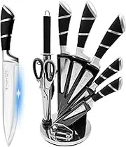 Kitchen Knife Set, 9-Pieces Black Sharp Non-Stick Coated Chef Knives Block Set,Stainless Steel Knife Set for Kitchen with Sharpener for Cutting Slicing Dicing Chopping