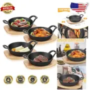 7.9-Inch Cast Iron Skillet Set - Versatile Cooking & Baking with Wooden Base