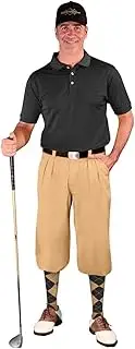 [Golf Knickers] Mens Outfit - Khaki Microfiber, Limited Edition Ball Cap, Over-The-Calf Argyle Socks, Black Golf Shirt