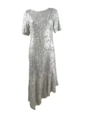 Adrianna Papell Women's Sequined Asymmetrical Midi Dress (14, Silver)