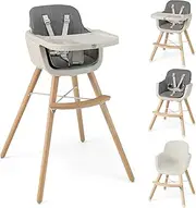 BABY JOY Baby High Chair, 3-in-1 Convertible Wooden Highchair for Babies & Toddlers, Infant Feeding Chair w/ 5-Point Safety Harness, Footrest, Adjustable Legs, Removable Tray & PU Cushion (Dark Gray)