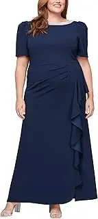 [Alex Evenings] Women's Long Embellished Neck Elbow Puff Sleeve, Mother of The Bride, Formal Dress (Plus Size)