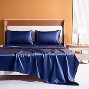 Ultra Soft Sheet Set,100% Soft Luxury Silky Satin, Fitted Sheet & Flat Sheet & 2 Pillowcases (Navy, Double)