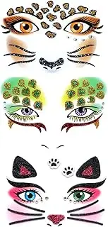 Pack of 3 Face Art Tattoos, Carnival, 3 Models, Temporary Face Tattoos, Carnival, Glitter Face Stickers, Temporary Tattoos Face for Carnival, Animal Costume, Theme Parties