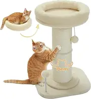 PAWZ Road Cat Scratching Post Cat Scratcher with Super Thick Scratching Post (Dia=14cm),Removable Fluffy Cat Bed, Sisal Covered Cat Activity Scratch Post and Dangling Ball for Indoor Cats Beige