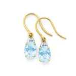 9ct Gold Sky Blue Topaz & Diamond Oval Cut Chequered Hook Earrings in Blue