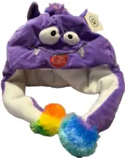 Happy Travels Purple Monster Lined Kids Laplander Pom Pom Ski Cap Beanie Hat NWT