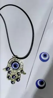 evil eye pendant Hamsa hand gold tone leather cord necklace good luck protection