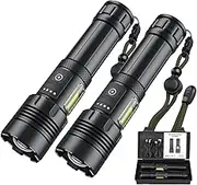 LED Torch Rechargeable Flashlight with Cob Side Light, High Lumens Super Bright Torch, High Powered Torches, Powerful Handheld Tactical Flashlight for Emergency Camping Hiking, 2 Pack