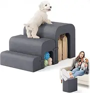 Dog Stairs for Small Dogs, 3-Step Dog Ramp for Bed, Pet Stairs for Small Medium Dogs and Pets with Storage for Bed Couch Sofa Climbing, Lightweight and Comfort, Grey