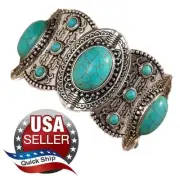 Native American Style Silvertone Stretch Bracelet • Faux Turquoise Cabochons