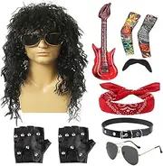 80s Rocker Costume for Men | Rocker Wig with Bandana Sunglasses - Costume Accessories for Men, Includes Wig Headband Collar Sunglasses Gloves Sleeves Beard Guitar Props