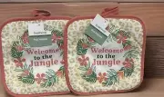 2pc 8” Pot Holders Set “Wecome To the Jungle” Peach Plants Jungle Foliage