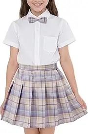 [American Trends] Girls Plaid Skirt: Pleated Skirt with Bow Tie Girls Elastic Waist Uniform Skirts for Girls 4-12 Years