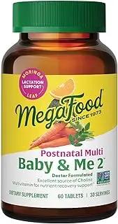 MegaFood Baby & Me 2 Postnatal Multi - Postnatal Vitamins for Breastfeeding Moms with Folate (Folic Acid Natural Form), Choline, Biotin & Moringa Leaf - Non-GMO & Vegetarian - 60 Tabs (30 Servings)