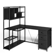 Advwin L Shaped Gaming Desk with LED Lights Reversible 148cm Computer Desk with 3 Drawers and Bookshelf Black