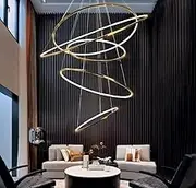 Large Modern LED Chandelier Lighting for Villa Staircase,5 Ring Luxury Pendant Light Dimmable Stainless Steel Frame High Ceiling Chandelier Ceiling Light Fixture