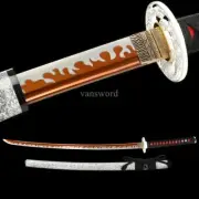 Japanese Katana 1095 Carbon Steel With Red Blade Samurai Sword White Scabbard.
