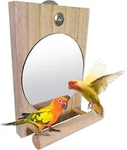 Huayeex Bird Cage Mirror | Parrot Perch Mirror Bird Toys,Wooden Chewing Exercise Swing Stand, Cockatiel Cage Accessories for Canary Parrot Macaw African Grey Conure