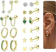 [Dzymanfat] Gold Flat Back Earrings for Women,Hypoallergenic Cartilage Earring Sets for Multiple Piercing,Stainless Steel Earrings Trendy Earring Stacks Small Stud Hoop Flatback