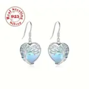 925 Sterling Silver Moonstone Tree of Life Heart Drop Earrings in Gift Box