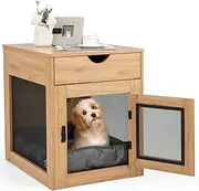 Wooden Dog Crate w/Storage Drawer, Soft Cushion, Support Wire & Wireless Charging, Dog Kennel End Table Nightstand, Decorative Vintage Furniture-Style Pet House, Indoor Small Dog Kennel (Natural)
