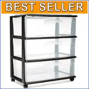 Compact Plastic Storage Organizer with 3 Clear Drawers on Wheels - Black Frame