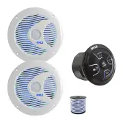 Pyle 4-CH Marine Bluetooth Controller, 2x 6.5'' 150W LED Speakers (White), Wire