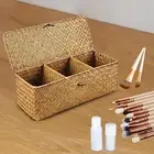 Bamboo Storage Basket with Lid Hand-Woven 3 Compartments for Office Living Room