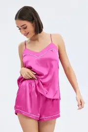 Pink Cami PJ Contrast Piping Satin Pyjama Set - Size L, Women's Caim Regular Set