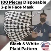 100pcs Disposable Face Mask w/ Black & White Plaid Pattern for Adults Children