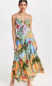 Farm Rio Mixed Striped Bananas Cut Out Tropical Print Strappy Maxi Dress XL NWT