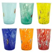 Murano Glass Drinking Tumblers Set of Six 6 Blue Orange Green Multi Millefiori