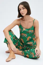Green Print Tiger PJ Graphic Cami Pyjama Set - Size S, Women's Pj Set