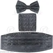 Brand New Paisley Charcoal Cummerbund And Bow tie & Pocket Square Hanky Set