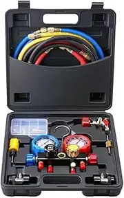 4 Way AC Gauge - AC Manifold Gauge Set fit for R134A R22 R12 R410A Refrigerant,Freon Gauges with 5ft Hoses, Couplers, Can Tap
