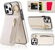 VENINGO iPhone 15 Pro Max Case with Card Holder, Multifunctional Protective Leather PU Case with 360° Ring Holder Kickstand,Large Capacity Card Holder iPhone 15 Pro Max Wallet Case, White