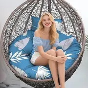 Outdoor Round Egg Chair Cushion Replacement, Waterproof 45"L x 45"W Thicken Hanging Swing Egg Chair Cushions with Headrest Pillow, Soft Wicker Basket Eggs Chairs Pad for Garden Offices (Blue Leaf)