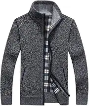 Men's Shawl Collar Cardigans Fleece Lined Zip Up Warm Winter Coat Casual Slim Fit Cable Knit Sweater with Pockets