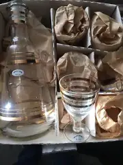 Vtg Hand Blown Crystal Decanter USSR 8pc W/6 Cordial Glasses 24k Gold Accent IOB