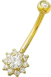 [Jewelry Avalanche] 14K Gold Flower Belly Button Ring with 0.45 cttw VVSI Moissanite Gemstones, 14G Banana Barbell, 9/16" 14mm Barbell Navel Piercing Jewelry