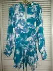 NATORI TUNIC BLOUSE TOP V-NECK LONG RAGLAN SLEEVES BELT TEAL WATERCOLOR CREPE XL