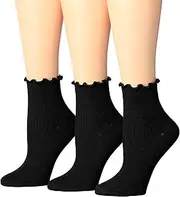 Tipi Toe Womens 3 Pairs Turn-Cuff Solid Lettuce Edge Lightweight Quarter Length Ruffle Socks