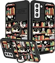 [Funermei] (2in1 for Samsung Galaxy S21 FE 5G Case for Women Girls Cute Phone Cover Cat Kawaii Girly Bookshelf Cartoon Design with Camera Cover and Ring Stand Teens Funda for Samsung S21FE Cases 6.4''